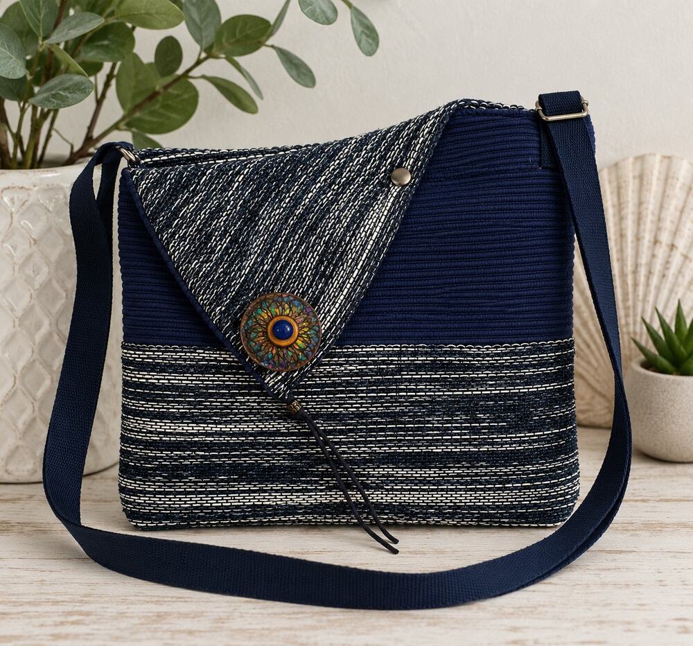 Avocado Tree Project Handmade Woven Crossbody Bag Navy Artisan Button